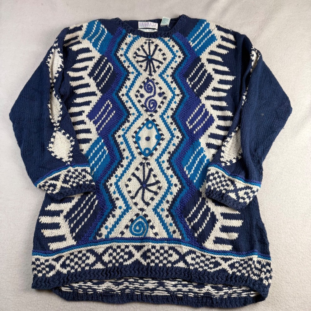 Segrets Sun Prints Hand Knitted Blue Geometric Ramie Cotton Sweater Large